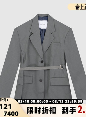pushBUTTON羊毛腰带收腰两粒扣女士气质西装外套银泰百货 301604