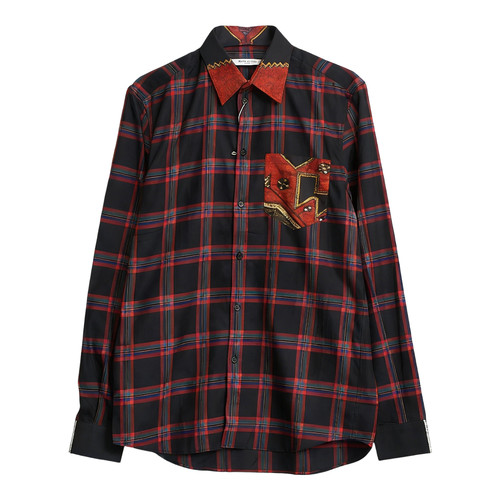 纪梵希GIVENCHY 男士格纹衬衫G字母贴布刺绣长袖上衣银泰 301596