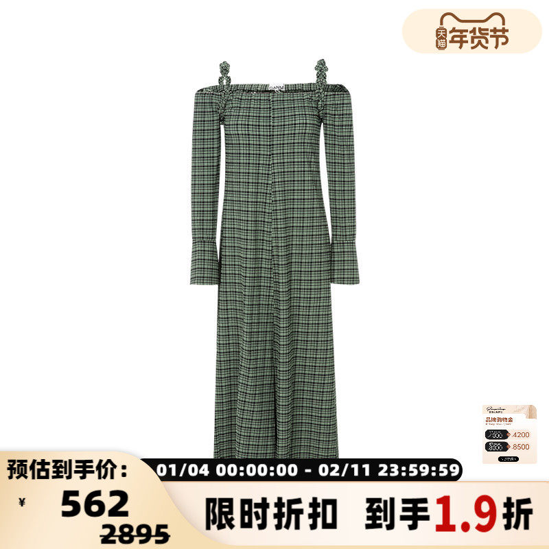 【折扣】GANNI 女士格纹印花褶饰细肩带露肩长款连衣裙,女装/女士精品,连衣裙,淘宝优惠券,粉丝福利购,淘宝优惠卷