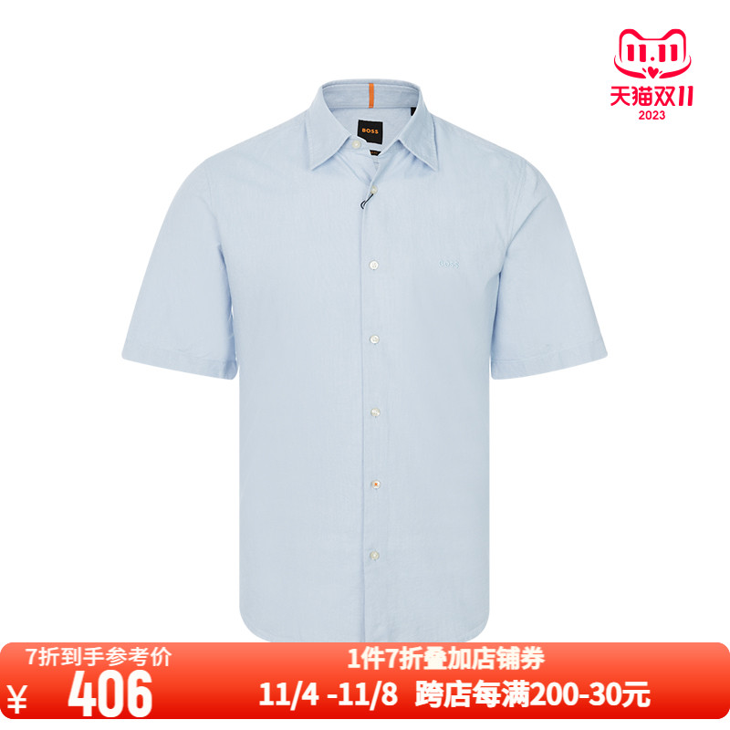 HUGO BOSS 春夏季纯色棉质日常通勤刺绣小标款男士短袖衬衫