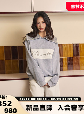 Three Quarters 25春夏女士灰白撞色拼接珠片翻领卫衣上衣 301355