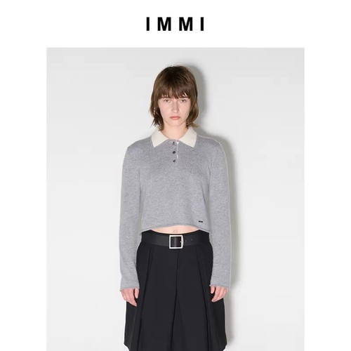 IMMI羊绒LOGO提花双层领毛衣