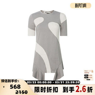 灰色不规则裙摆女士短袖 OPEN 新款 春季 圆领连衣裙短裙