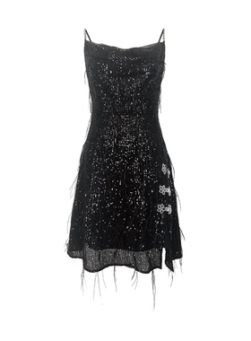 FLONAKED 黑色银河亮片鸵鸟毛吊带荡领修身连衣裙 300170