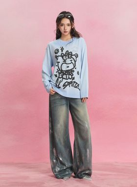 SOFITTE 25春夏女士蓝色复古水洗烫银宽松阔腿牛仔长裤 301355