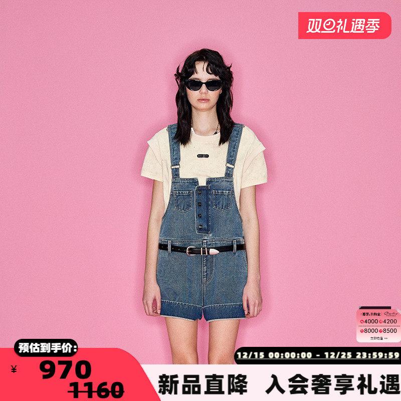SHROENRO蓝色牛仔背带短裤