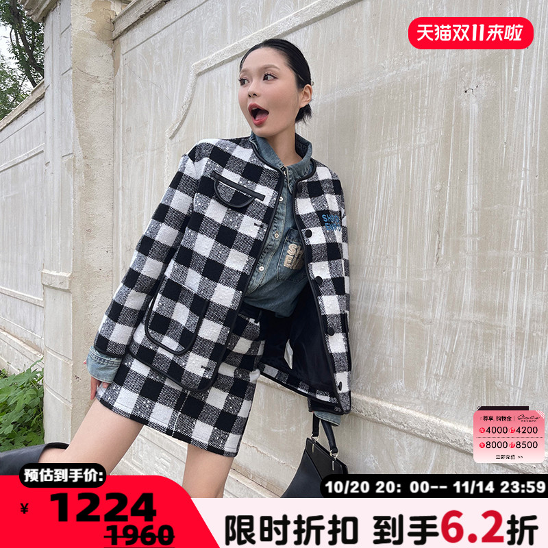 SHROENRO羊毛格纹拼皮外套