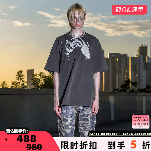 CEEC男女同款锁喉印花做旧T恤