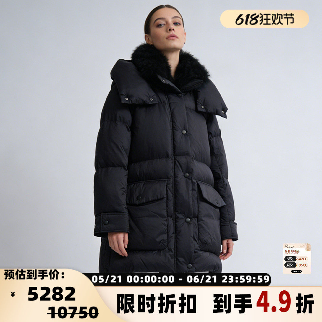 Yves Salomon 秋冬女士黑色修身经典连帽羽绒服银泰百货 301596