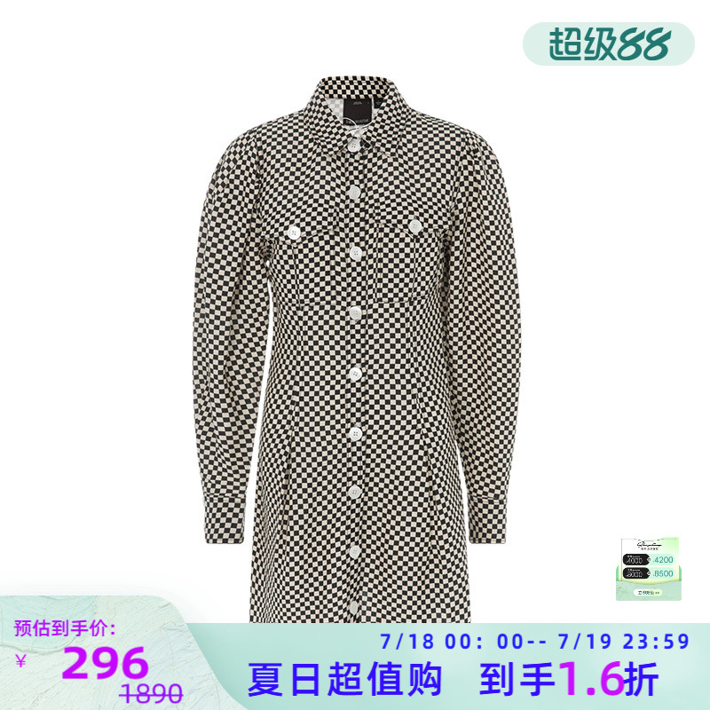 【折扣】C/MEO 黑色/米黄色棋盘格女士休闲单排扣衬衫款连衣裙