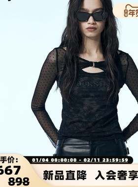 UHOT 25秋冬新款女士黑色蕾丝假两件长袖上衣银泰百货 301590