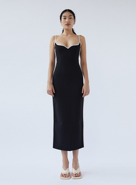 Paris Georgia 春季新款女士欧美性感滚边绉纱中长款吊带连衣裙