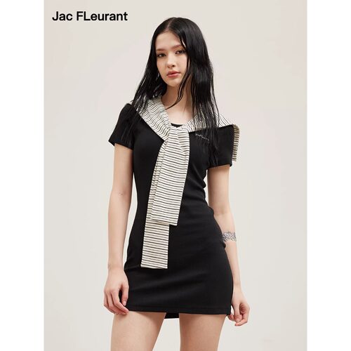 JAC FLEURANT26春夏女士条纹披肩短袖针织连衣裙 银泰百货 301489