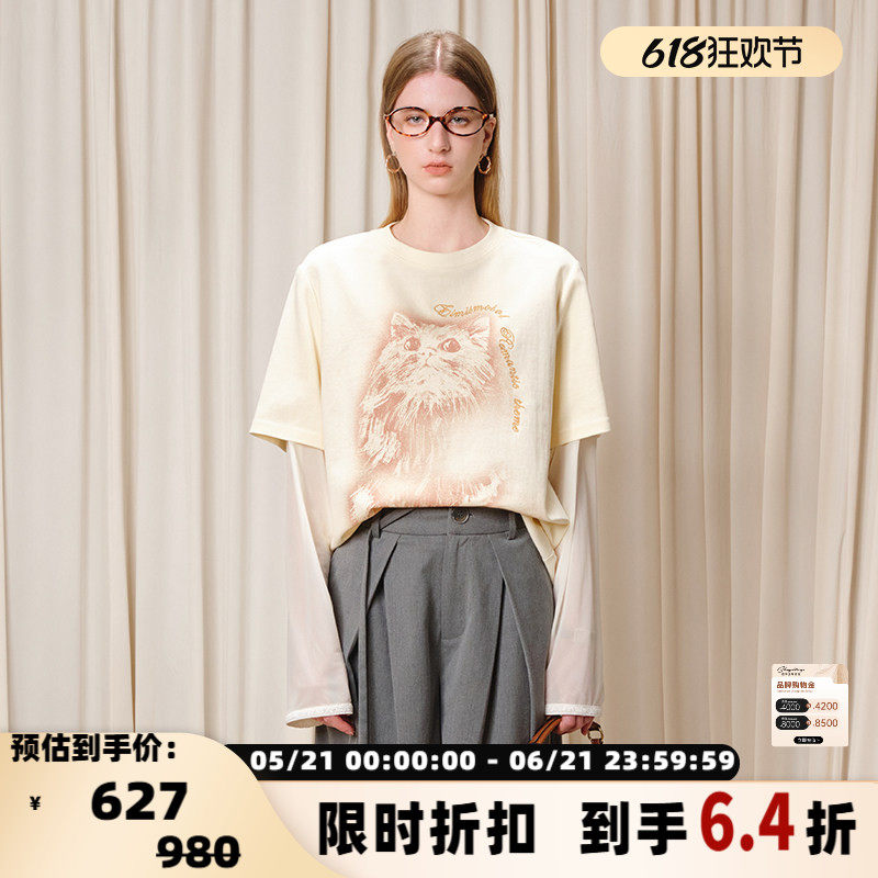 EIMISMOSOL 女士猫猫印花假两件长袖T恤银泰百货 301489