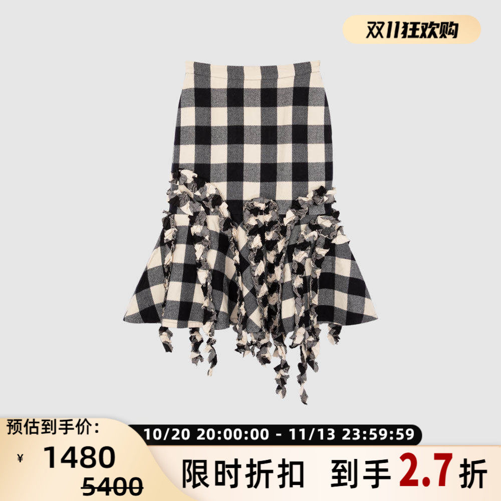 PUSHBUTTON春夏格纹不规则流苏女士休闲中长裙半身裙裙 301604