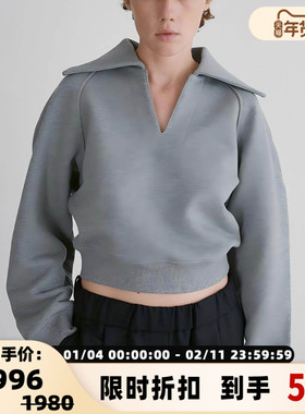 RECTO 秋冬新款女士纯色棉质大翻领刺绣长袖套头卫衣银泰百货