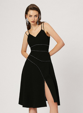 FLONAKED 钻链分割进口醋酸黑色吊带修身连衣裙 300170