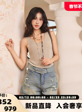 Three Quarters 25春夏女士蓝色复古做旧宽腰头牛仔短裤 301355