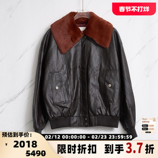 SJYP 秋冬款女士logo印花复古毛领皮夹克银泰百货精品 301596