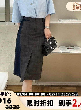pushBUTTON 春夏款女士格纹拼接半身裙银泰百货精品 301596