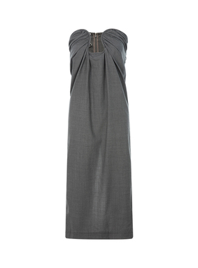 Paris Georgia 春季深灰色褶皱镂空设计女士抹胸连衣裙长裙银泰