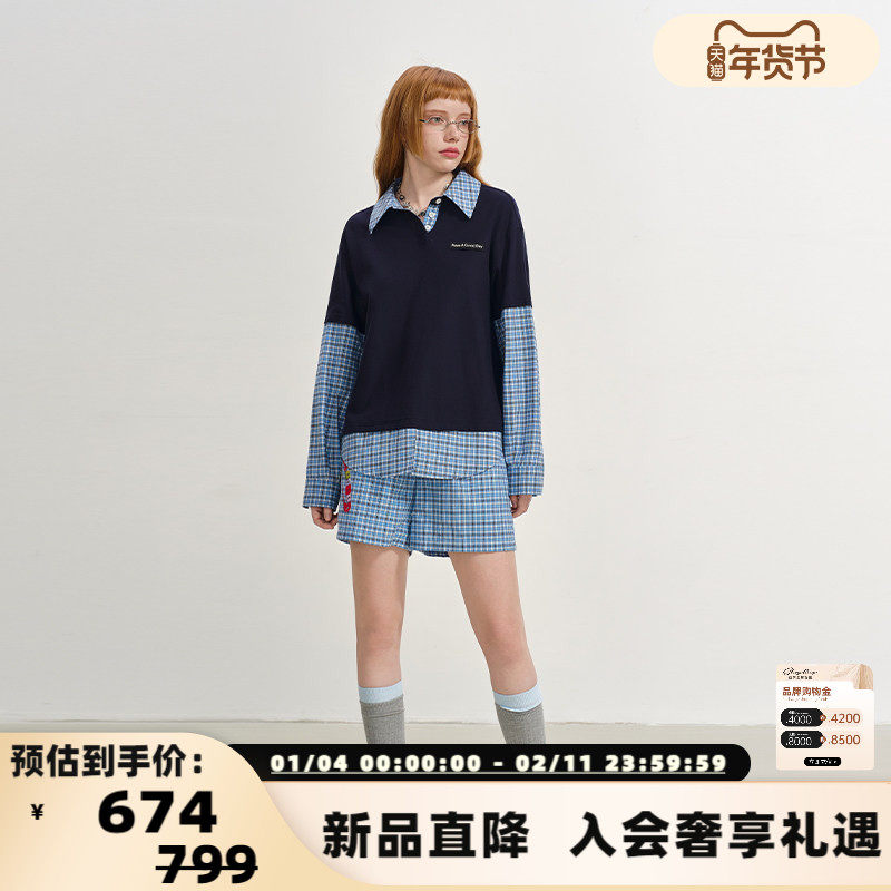 SOFITTE 25新款女士格纹拼接假两件长袖Polo衫T恤银泰百货 301355,女装/女士精品,POLO衫,淘宝优惠券,粉丝福利购,淘宝优惠卷