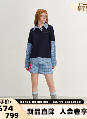 SOFITTE 25新款女士格纹拼接假两件长袖Polo衫T恤银泰百货 301355