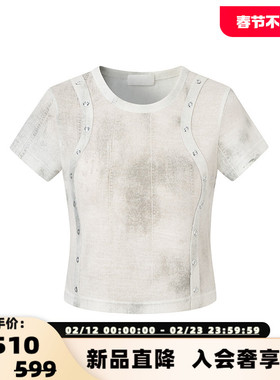 three quarters春夏潮流女士肌理印花金属烫片速干T恤  301355