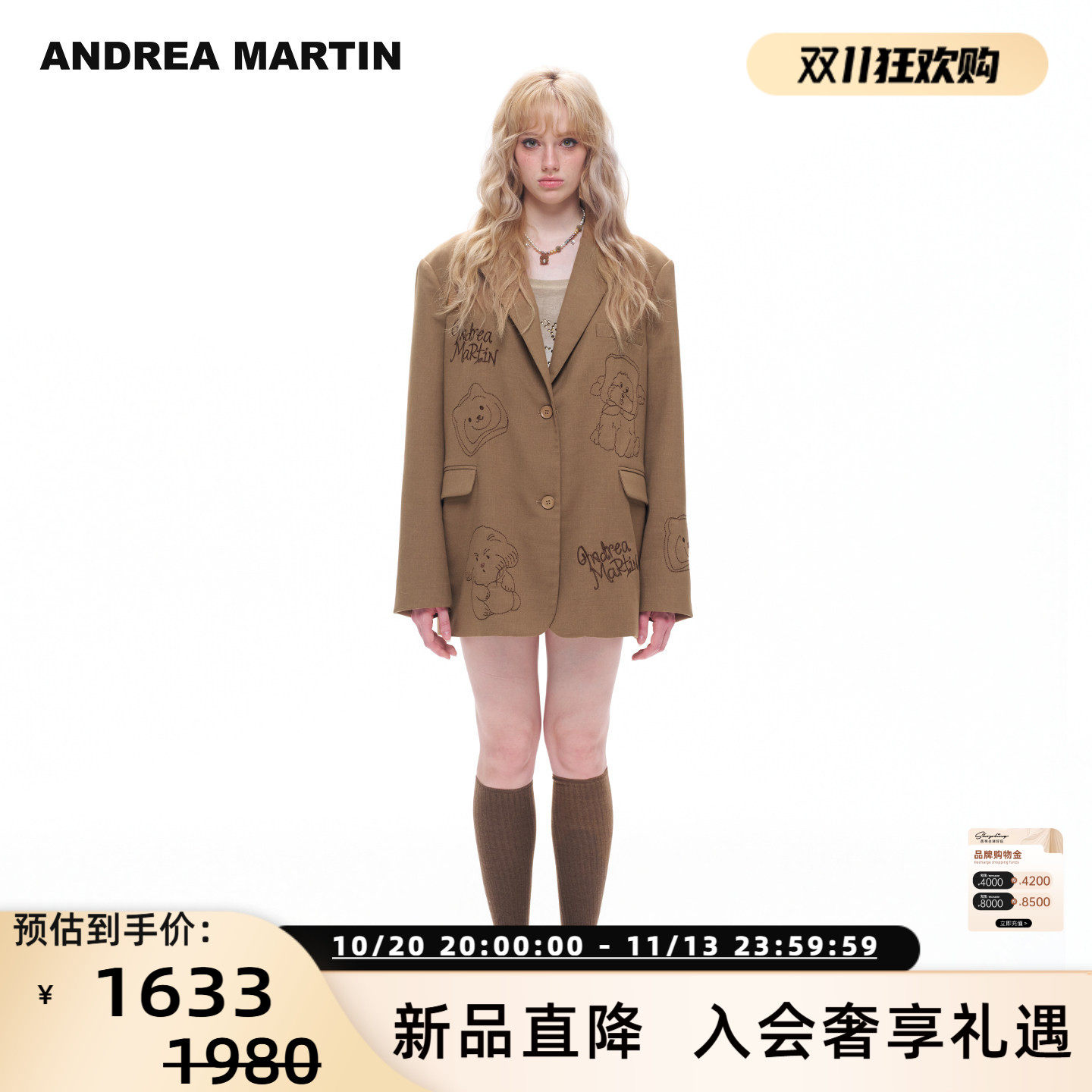 ANDREA MARTIN26秋冬新品女士手绘小狗涂鸦中长单排扣西装301489