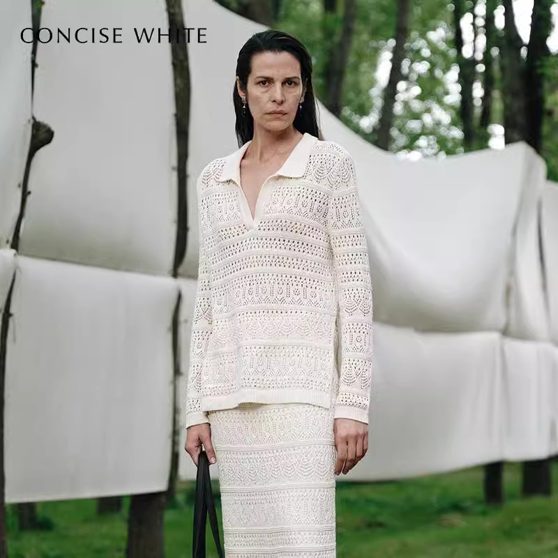 concise-white/简白25SS系列春季新款女士镂空钩花针织上衣301257