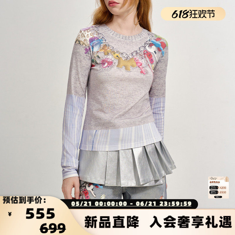 SOFITTE 新款女士假两件3D印花修身打底衫T恤银泰百货 301355