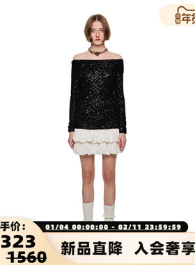 SHRO ENRO Perfect distance 可拆卸亮片撞色一字肩连衣裙 301469