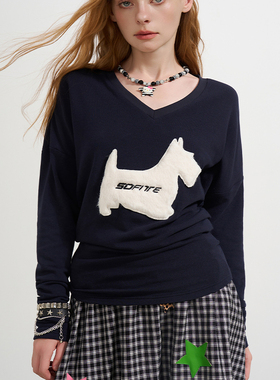 SOFITTE 25秋冬女士小狗图案V领蝙蝠袖修身打底衫银泰百货 301355