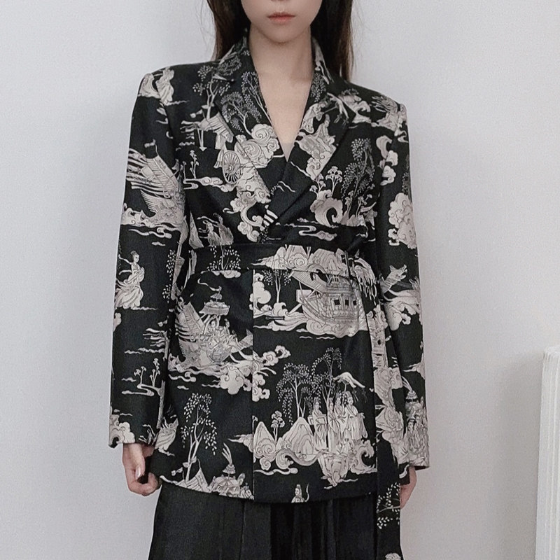 FLONAKED 黑色洛神赋手绘印花中性西装外套 300170