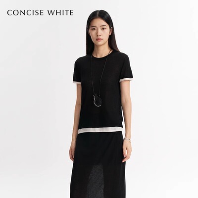 CONCISE-WHITE简白潮流简约圆领女士拼色假两件短袖T恤  301257