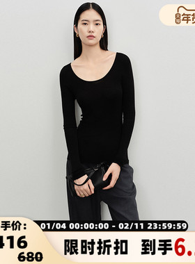 concise-white 秋冬新款女士卷边U领打底衫银泰百货精品 301257