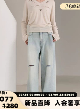 Three Quarters 25新款女牛仔裤捏褶破洞阔腿裤银泰百货 301355