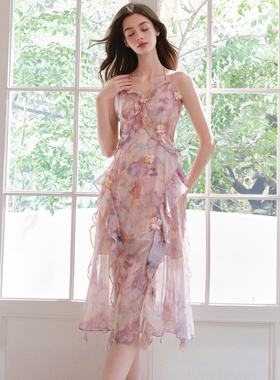 FLONAKED 25新款粉色晕染立体花朵吊带连衣裙银泰百货 300170