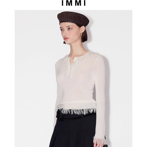 设计师品牌 IMMI 女士毛边圆领长袖针织上衣T恤银泰百货 300124