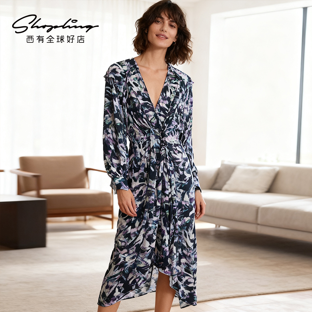 IRO 优雅潮流女士满印V领长袖连衣裙银泰百货 301596