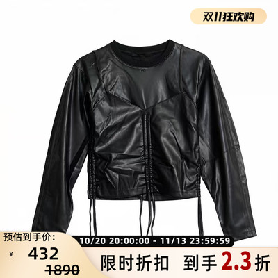 YCH 女士时尚潮流黑色皮衣 环保皮抽绳上衣 银泰百货 301596