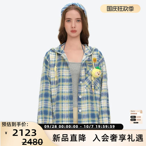 13 DE MARZO26春夏新款女士格纹连帽衬衫休闲外套银泰 300178