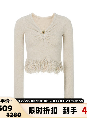 CELLO SONATA 春季新款米白色流苏装饰胸部褶皱女士针织衫上衣