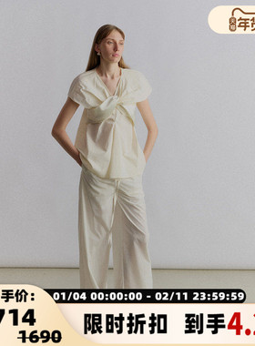 VIKTORIA CHAN 春季交叉带褶皱装饰女士V领短袖上衣 银泰百货