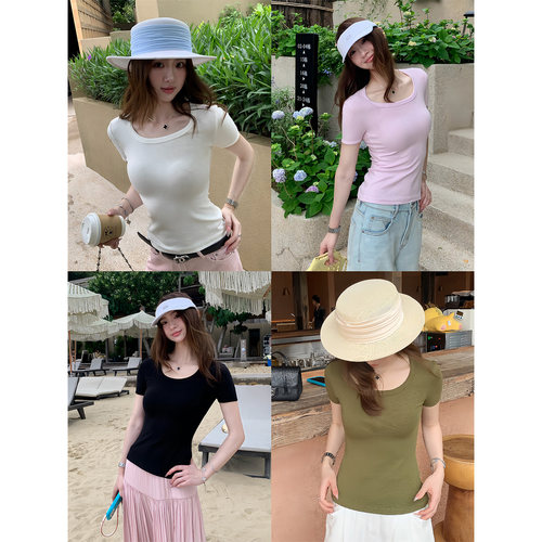 AELYNN纯色u领短袖t恤女夏