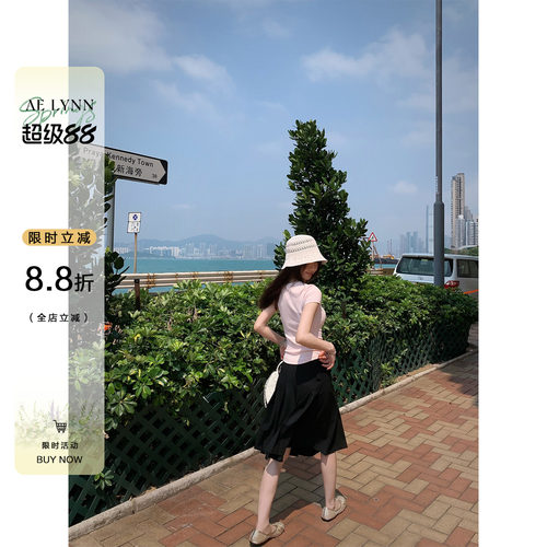 OTee黑色高腰百褶半身裙