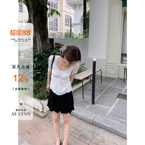 AELYNN纯欲蕾丝花边拼接中袖t恤