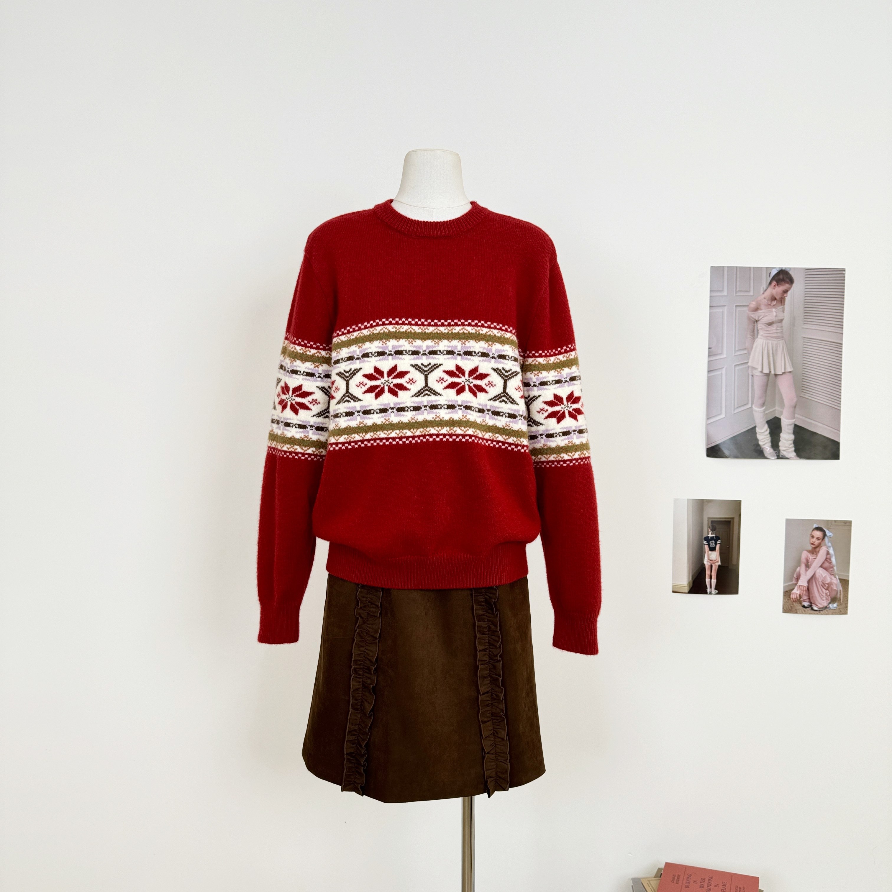 M.Y原创设计 圣诞红针织衫复古提花氛围感圆领长袖毛衣秋冬,女装/女士精品,毛衣,淘宝优惠券,粉丝福利购,淘宝优惠卷