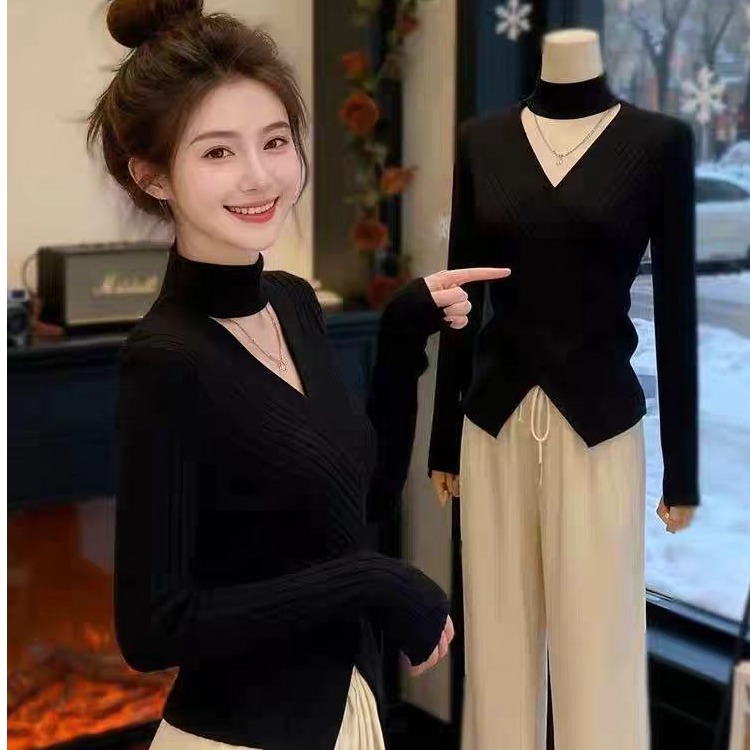 M.Y原创 轻奢优雅挂脖交叉V领长袖打底毛针织衫内搭毛衣女款2025