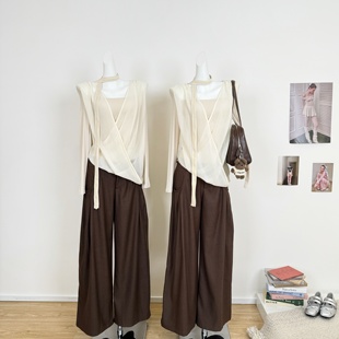 M.Y原创设计 垂褶交叠网纱假两件丝绒挂脖羊毛针织上衣